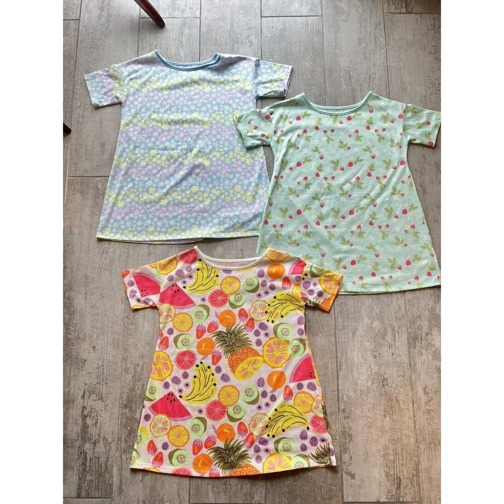 Girl Set Lot of 3 Cat & Jack Nightgown Pjs Pajamas Sleepshirt Flower Fruit S 6/7